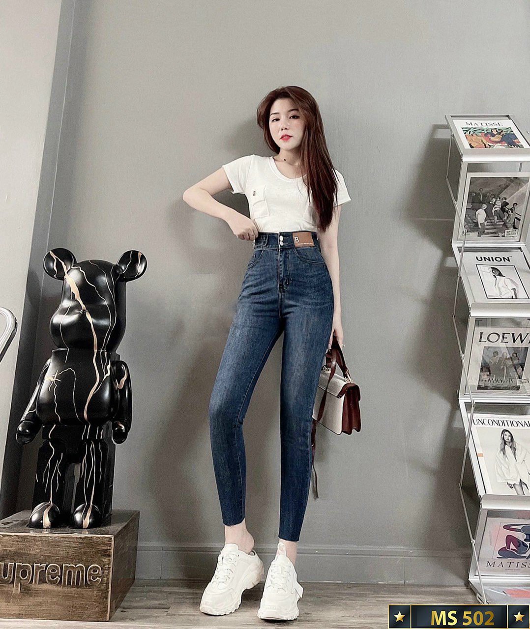 Quần jean nữ lưng cao trẻ trung, quần bò nữ co giãn chất jeans cao cấp mẫu mới thời trang Soonshop  - MS 52