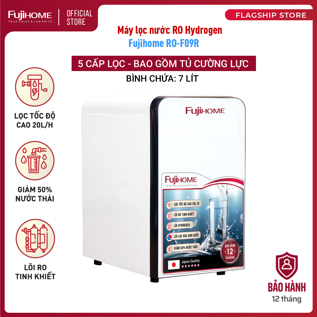Máy lọc nước tinh khiết mini để bàn RO Hydrogen nhập khẩu Fujihome RO-F09R, thiết bị lọc nước gia đình uống trực tiếp 5 cấp lọc từ nguồn , bao gồm tủ cường lực