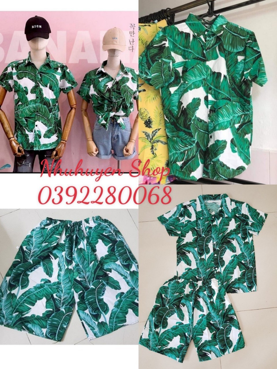 [SIÊU SALE] Đồng phục đi biển mẫu lá chuối xanh. Đủ size từ 7-120kg, chất kate thái mềm, mịn và không phai màu, quần người lớn có túi.