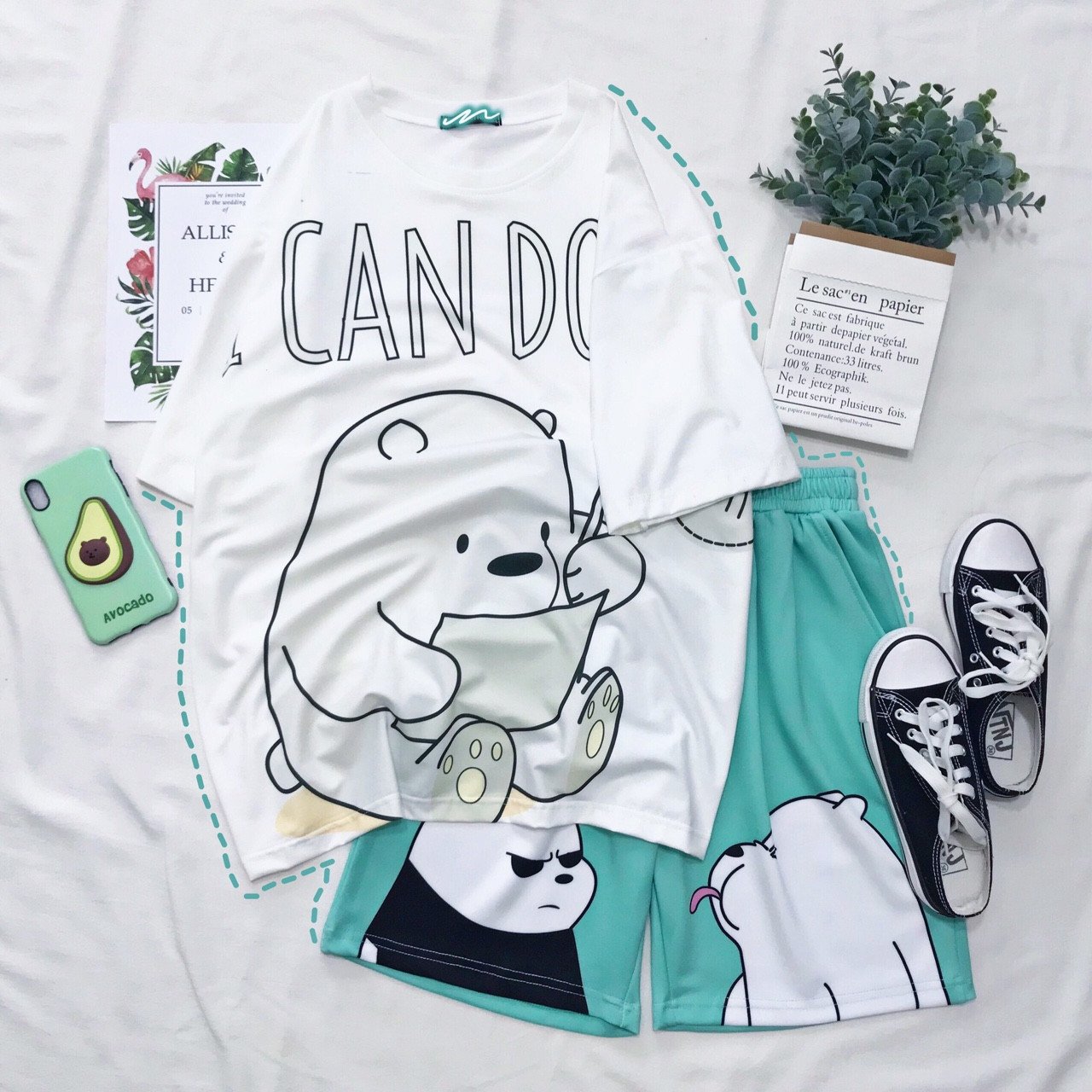Set đồ bộ hoạt hình unisex hình gấu CAN DO, đồ bộ mặc nhà freesize 65kg