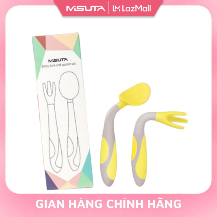 Bộ thìa dĩa muỗng ăn dặm bẻ cong misuta chính hãng cho bé tập xúc chất liệu silicone cao cấp