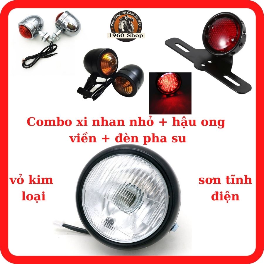 Combo đèn pha xe máy kèm 2 đèn xi nhan và đèn hậu 🏍🛵đèn pha h4 kèm xi nhan hột vịt và hậu tổ ong viền🏍🛵đèn pha xe máy + xi nhan classic hột gà + hậu tròn classic thép sơn tĩnh điện và xi inox