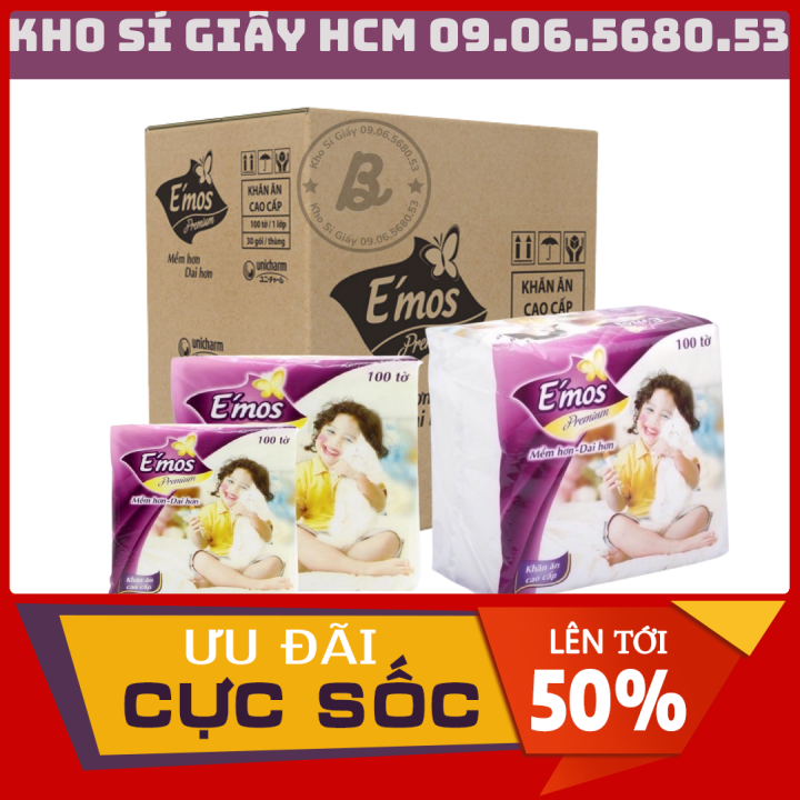 Thùng 30 gói khăn giấy vuông Emos Premium 100 tờ/gói | giấy rút vệ sinh cao cấp, giấy vệ sinh emos, khăn giấy ăn emos cao cấp, giấy rút vệ sinh Emos, giấy ăn emos | KHO GIẤY Q6 NHẬN SỈ