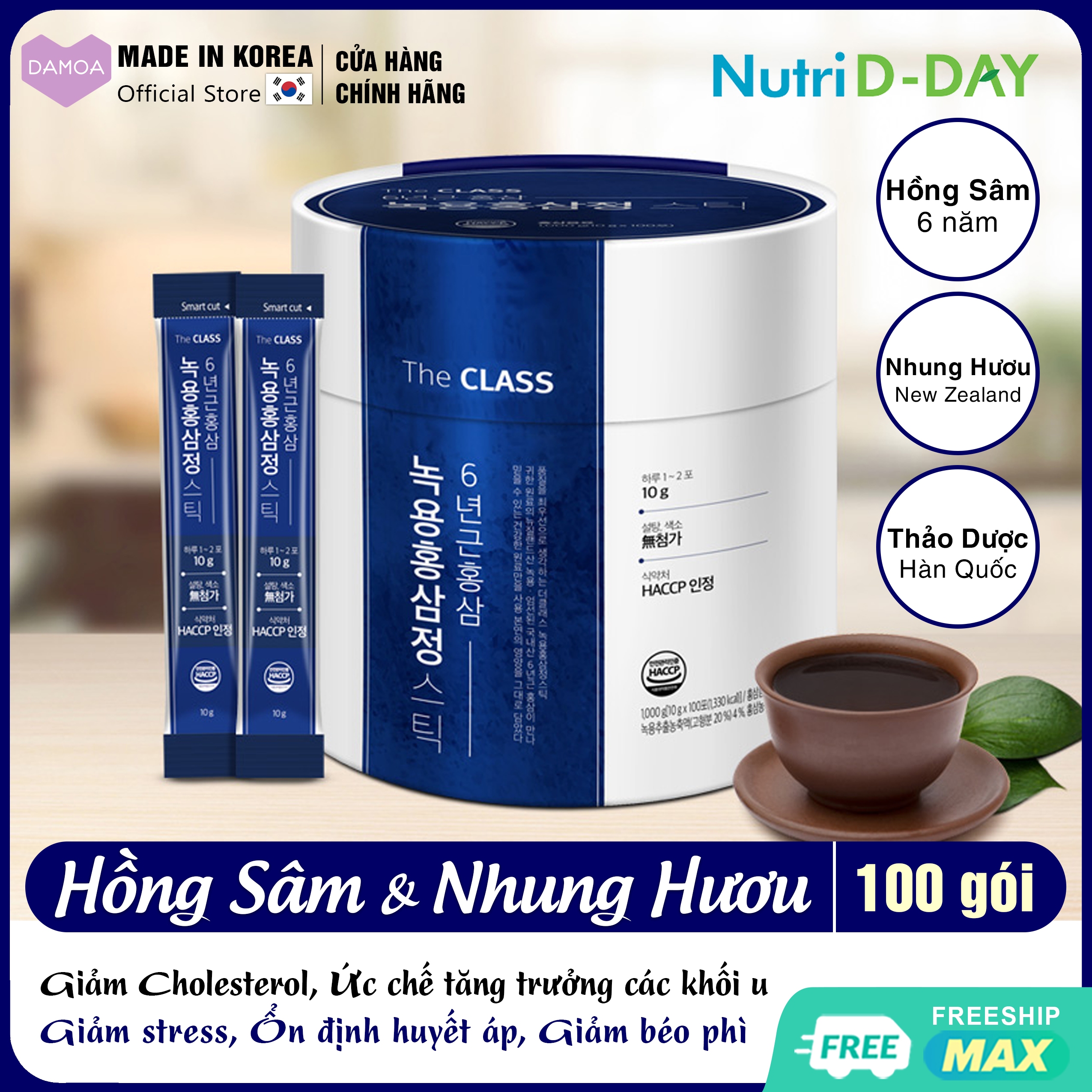 Hộp 100 gói Nước Hồng Sâm 6 Năm tuổi và Nhung Hươu New Zealand Cao Cấp The Class Nutri D-Day Thực phẩm Chức năng Hàn Quốc