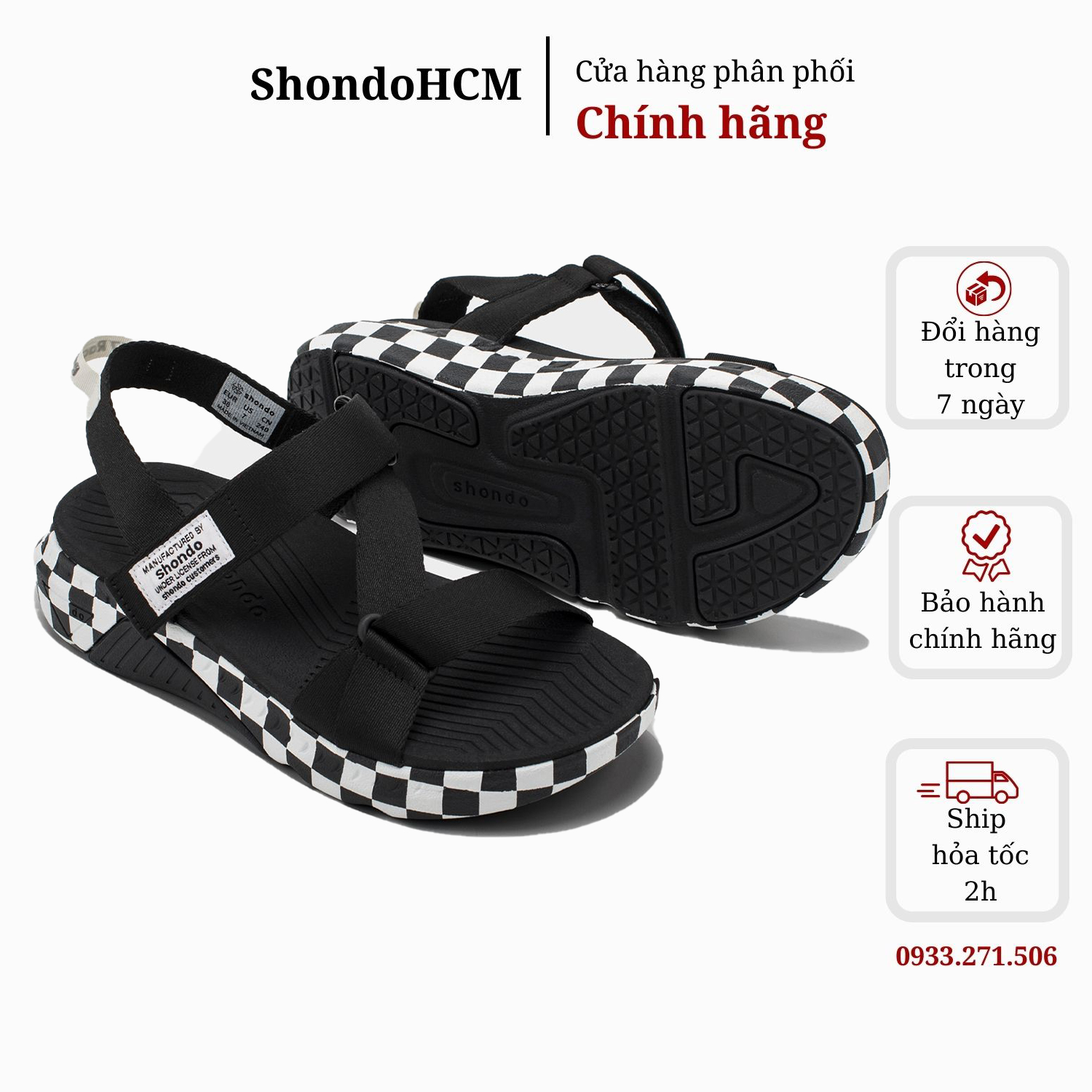 Giày sandal Shondo F7 nam nữ đế cao caro đen F7C1010 Shondo chính hãng