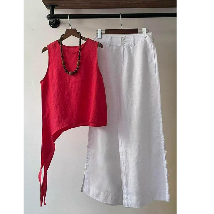 Set bộ linen áo ghile và quần dài trẻ trung chất vải linen mềm mát (Áo đỏ + Quần trắng)