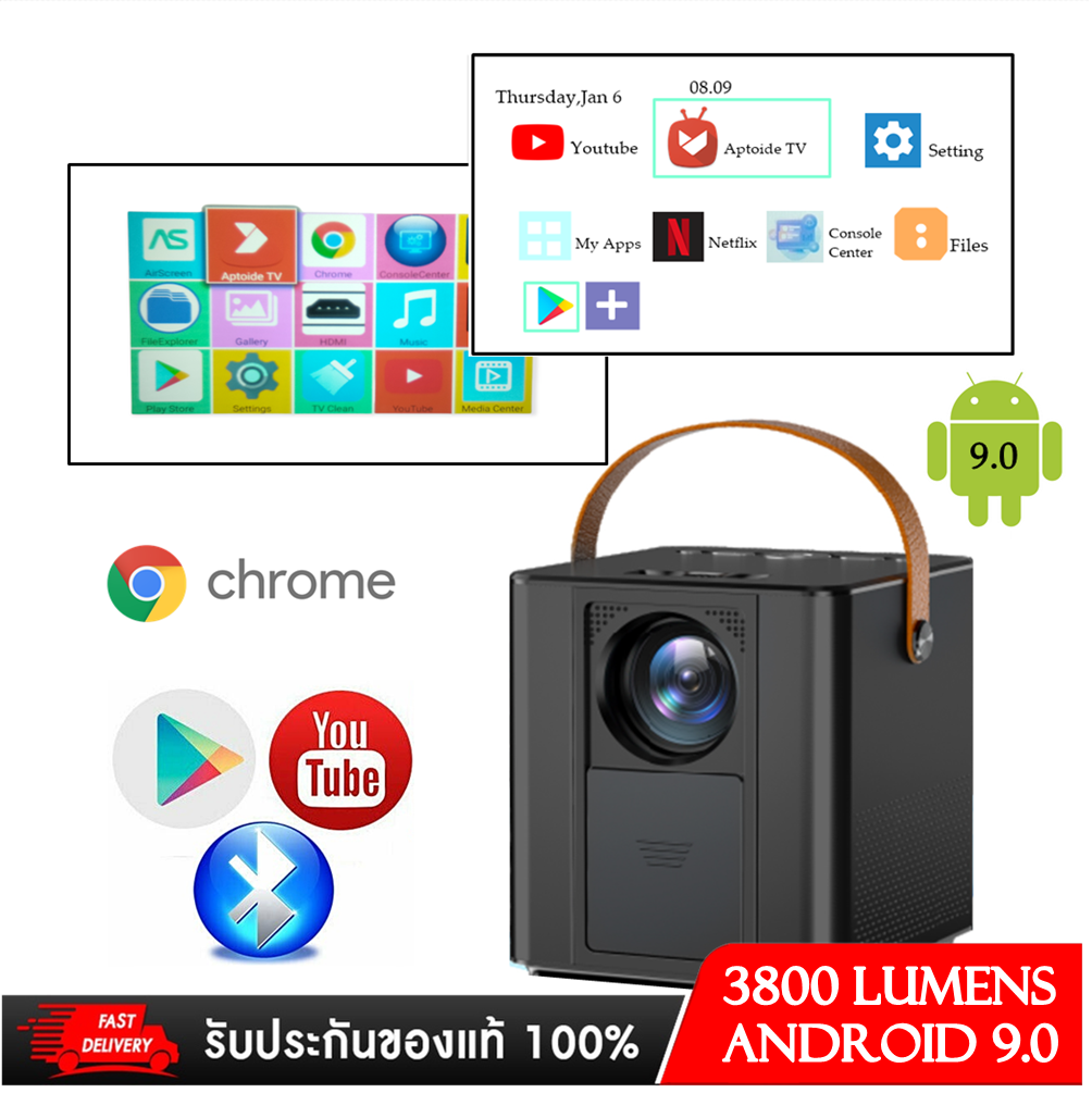 NEW มินิโปรเจคเตอร์ Support 1920*1080P 3800 Lumens โฮมเธียเตอร์แบบพกพา LED HD โปรเจคเตอร์ Android 9.0 ราคา 2,890 บาท*ส่งฟรี