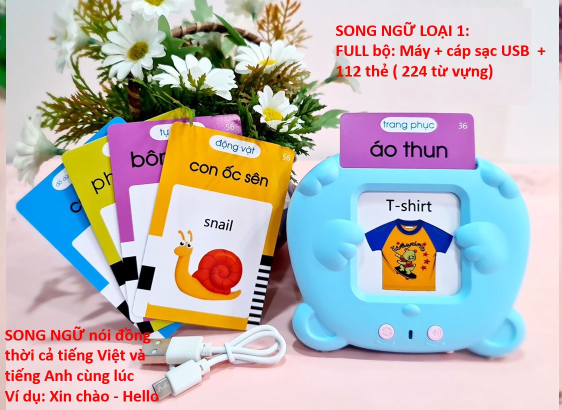 Máy đọc thẻ flashcard pro- song ngữ anh- việt, phát âm chuẩn cho bé kèm thẻ + cáp sạc usb