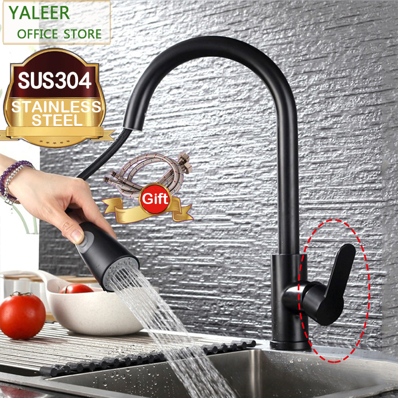 Yaleer Pull Out Kitchen Faucet Durable Sink Tap Black 304 Stainless Steel Swivel 360 Basin Faucet Pull Down Spray Cold And Hot Mixer Tap 2 Pipes Lazada Singapore
