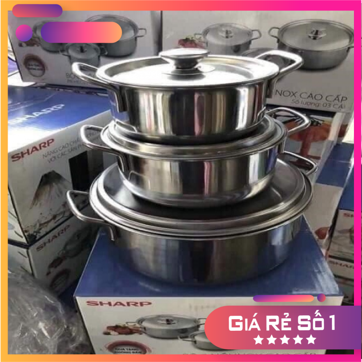 bộ 3 nồi inox shap đa năng nấu trên mọi loại bếp,bộ 3 nồi inox dùng được cho bếp từ truyền nhiệt nhanh, giữ nhiệt tốt, hạn chế cháy khét thực phẩm Chất liệu inox cao cấp không bị oxy hoá, bền đẹp, sáng bóng an toàn BH 12 T