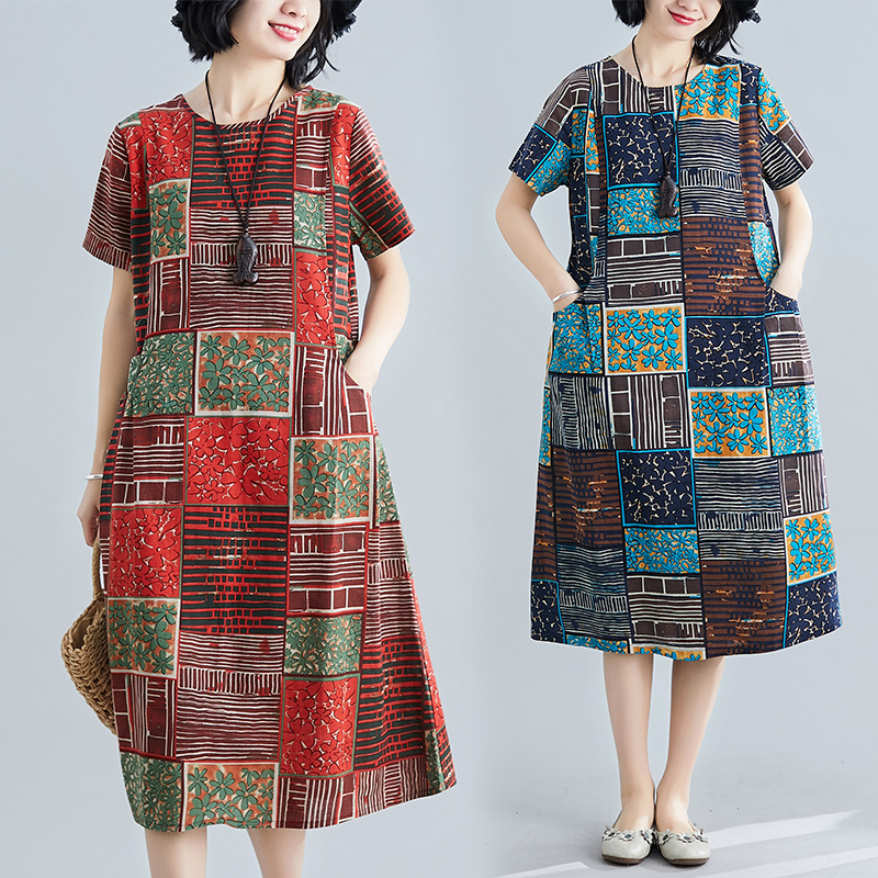 Rui green Summer Loose Round Neck Short Sleeve Printed Waist Mid-length Dress For Women