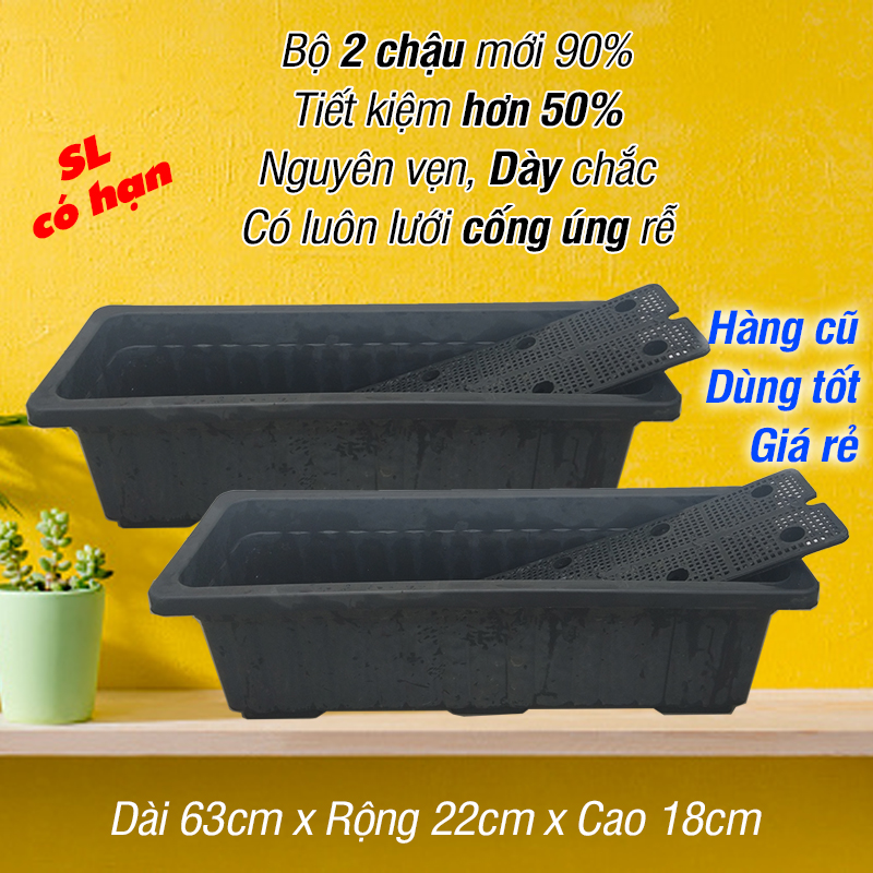 Hàng cũ 90% - 2 Bộ Chậu - Chậu nhựa trồng cây cảnh mini cỡ lớn, Chậu trong nhà, ban công , chậu hình chữ nhật 60cm 6 tấc, Chậu trồng cây có lỗ thoát nước, màu đen, có khay lưới nhựa