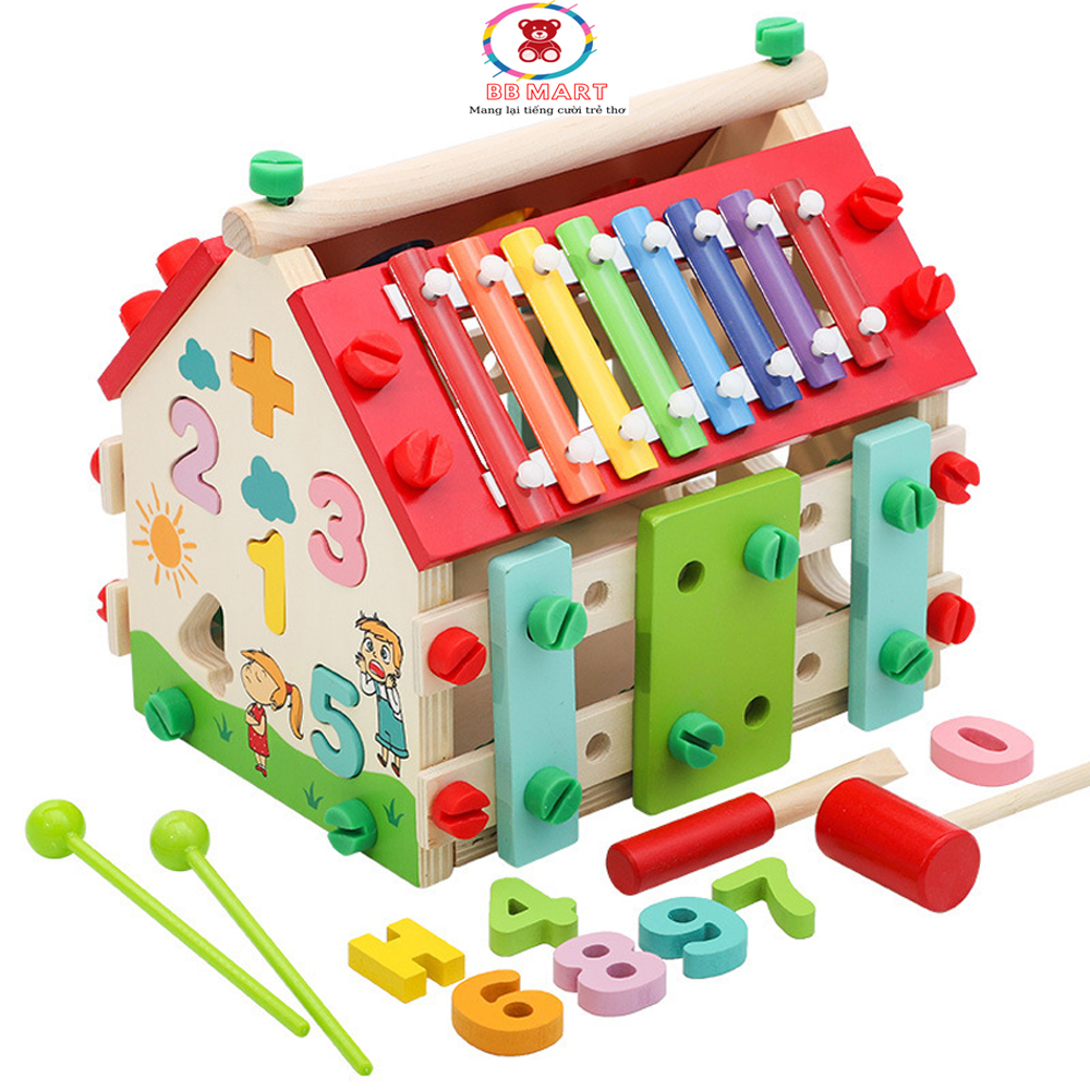 [Hoàn tiền 6%]Bộ đồ chơi bằng gỗ ngôi nhà đa năng-BBMART. thả hình khối, thả số, đàn piano, đập bóng. Giúp bé luyện khả năng lắp ghép và sự khéo léo của đôi tay