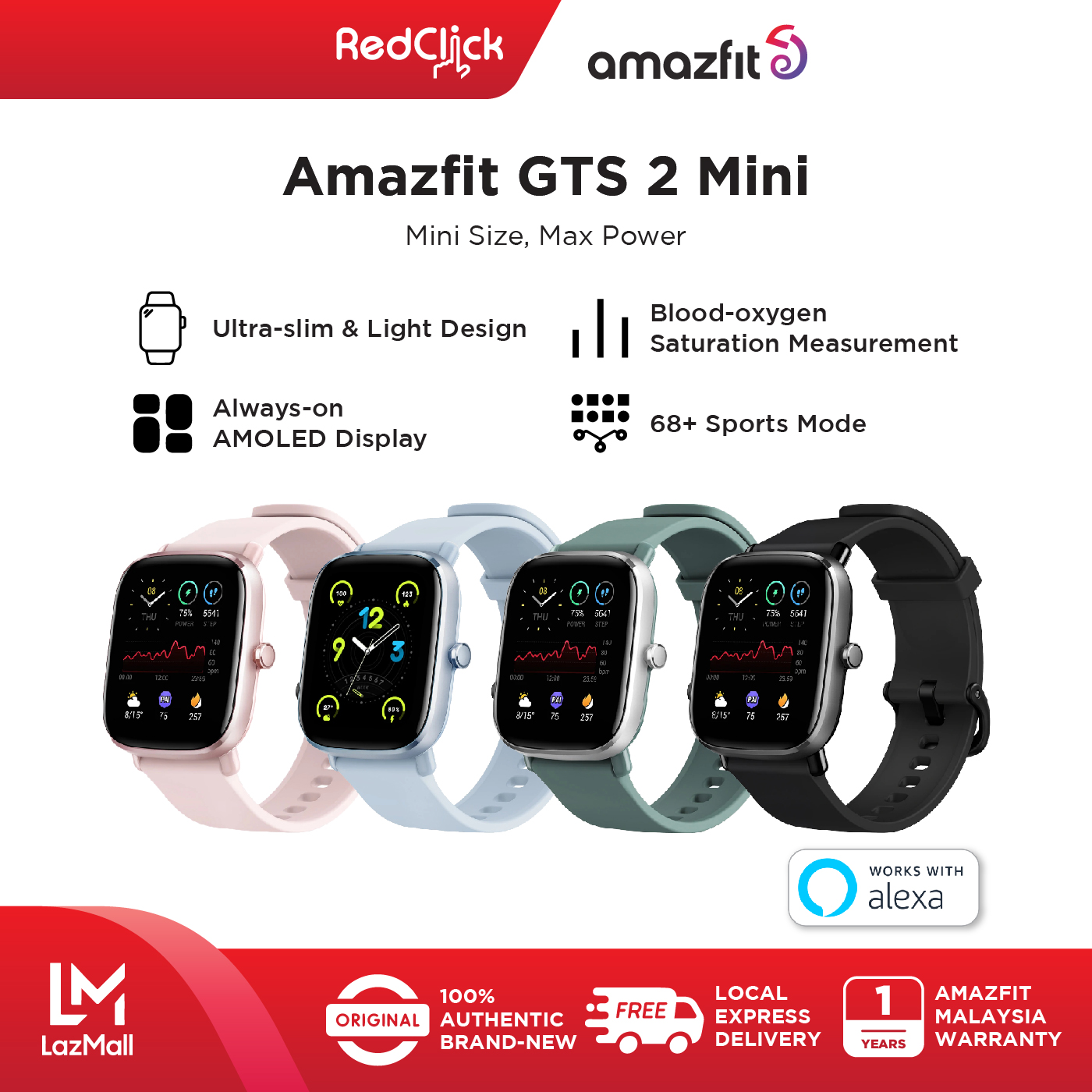 (Official Amazfit) Amazfit GTS 2 Mini A2018 1.55&quot; AMOLED Always On Display Heart Rate Monitoring Sp02 Measurement up to 14 days Battery Life  Cycle Tracking Smart watch + Free Gift