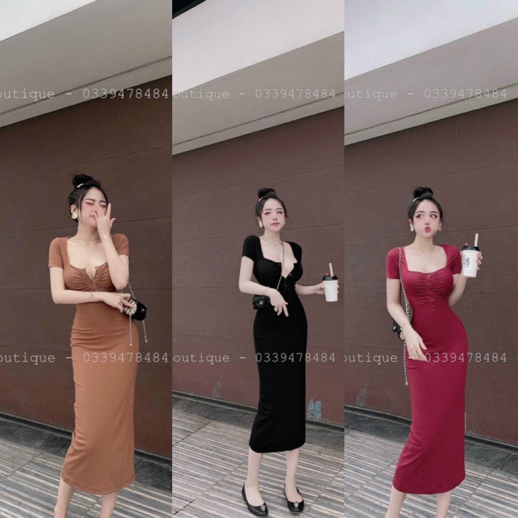 Đầm ôm body tay ngắn dáng dài chất thun gân