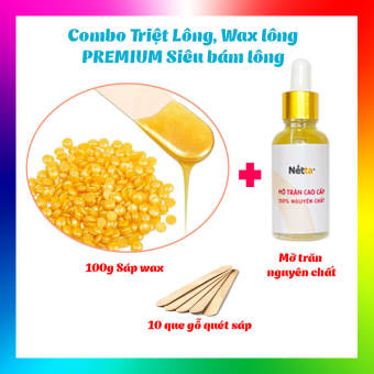 Combo Triệt Lông, Wax Lông - 100g Sáp wax tẩy lông, 10ml mỡ trăn triệt lông nguyên chất , 10 que gỗ wax lông - Wax triệt lông chân, lông nách, wax lông bikini, vùng kín, lông tay, wax ria mép, wax râu