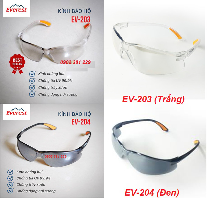 Kính bảo hộ màu trắng chống bụi và tia uv everest 203, 204