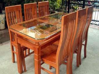 bộ bàn ghế ăn 6 ghế bàn 2 tầng gỗ sồi nga