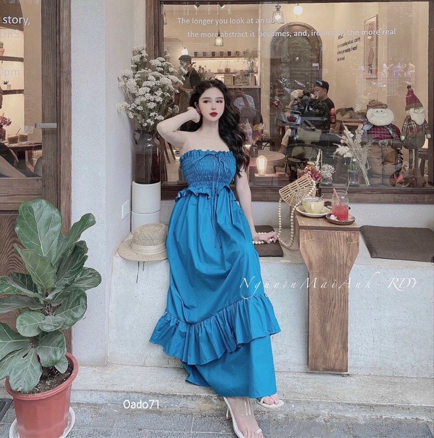 Đầm maxi ống nhún ngực tầng bèo cột dây cổ yếm mặc được 2 kiểu
