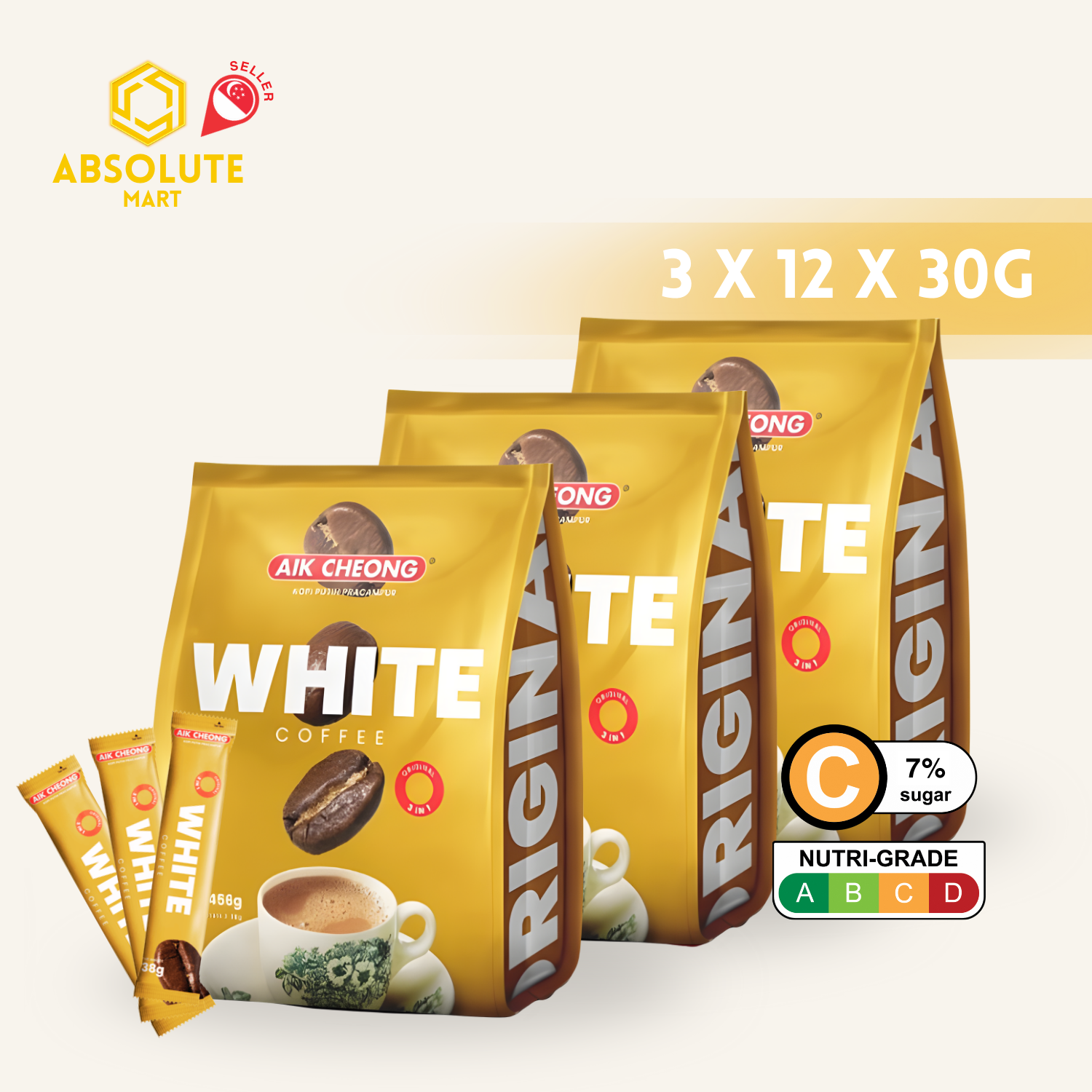 TRIPLE PACK] AIK CHEONG White Coffee 3-IN-1 Less Sweet 3 X 12 X