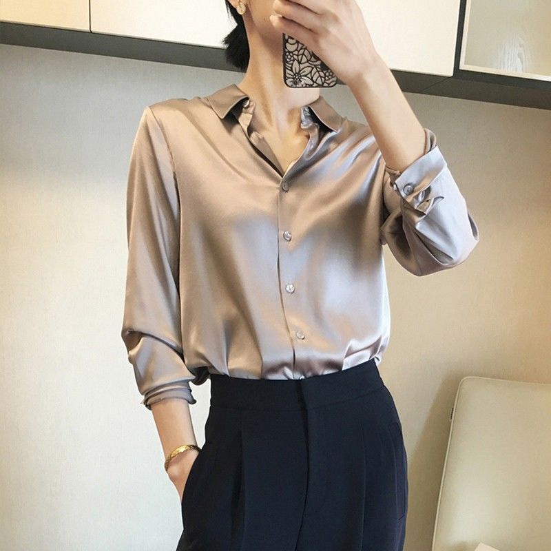 WOU&EY Women Korean Style Satin Blouse Women Long Sleeve Loose Silk Office  Shirt Blouse Top