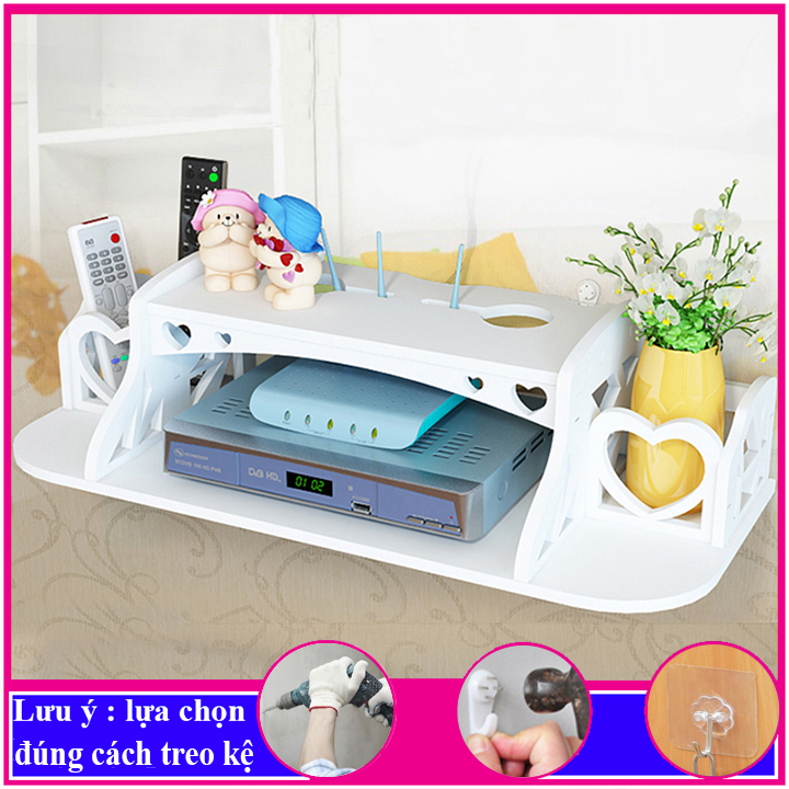 Kệ treo tường trang trí không cần khoan, Kệ đựng đồ đa năng đặt modem wifi, Chất liệu gỗ, Màu trắng tinh