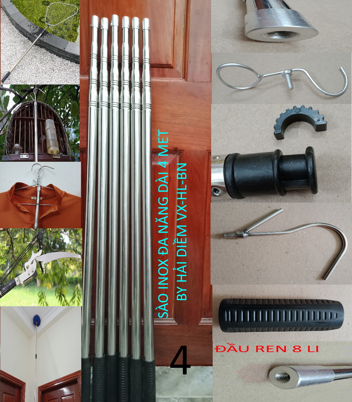 Sào rút inox đa năng L4m,gậy kéo dài như ý,kéo ra thu gọn.móc cành cây,lấy quả trên cao,phơi đồ,treo lồng chim,quét mạng nhện,vợt cá L4m