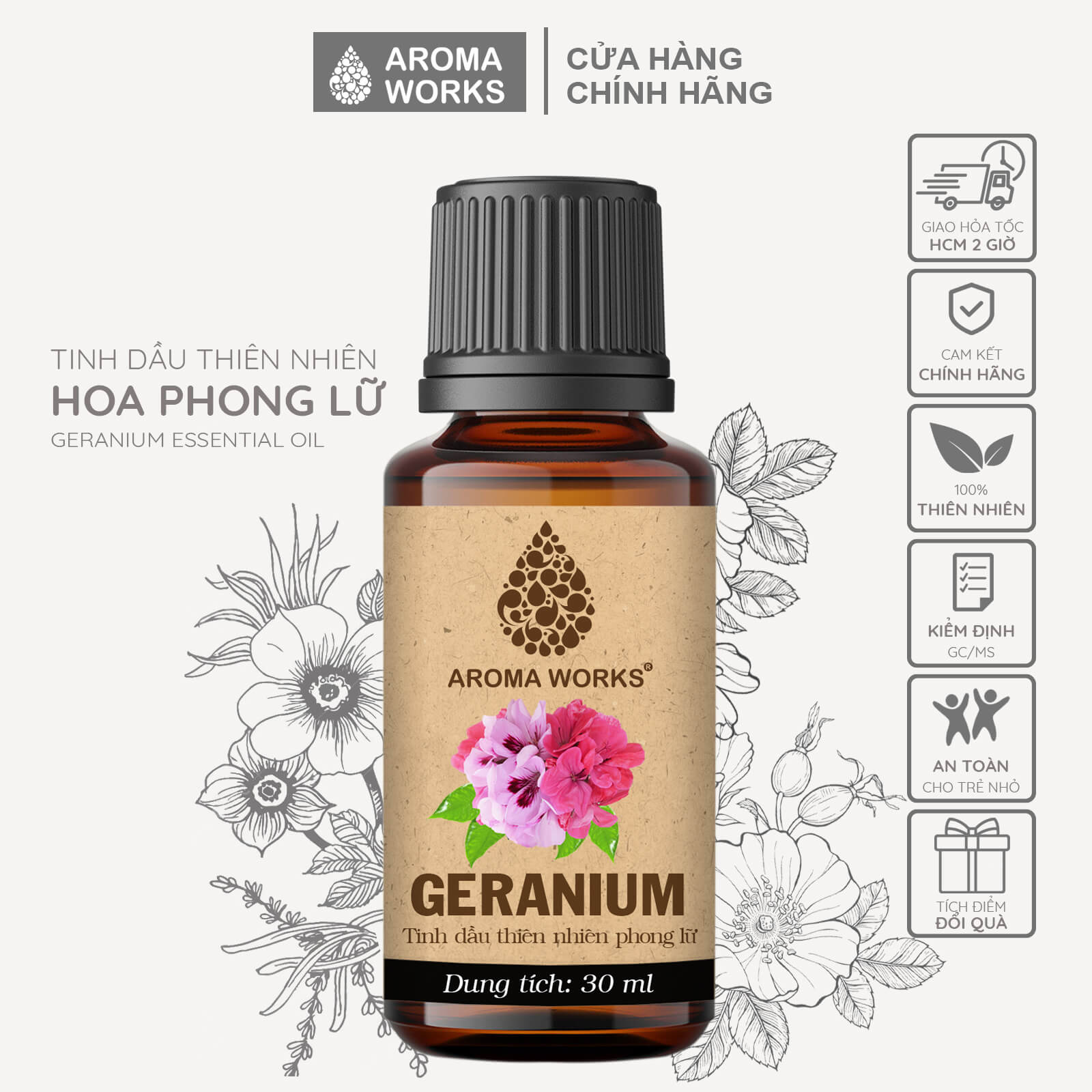 Tinh dầu phong lữ thơm phòng, khử mùi, thanh lọc không khí, giảm áp lực thiên nhiên phong lữ aroma works geranium