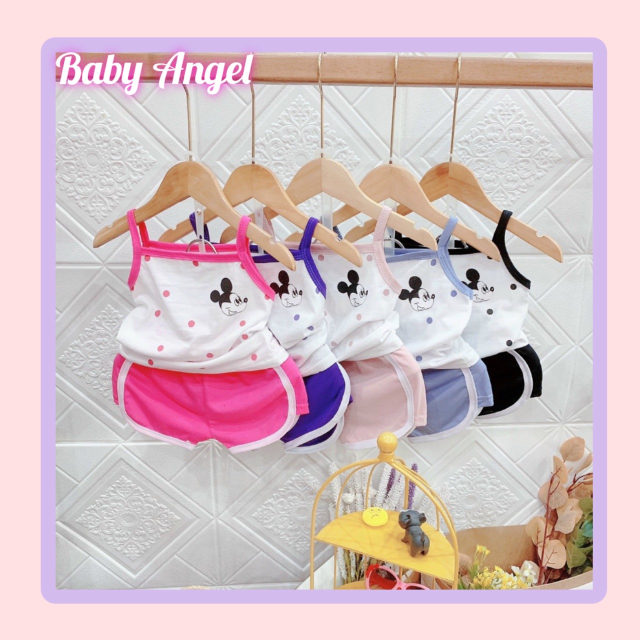 Bộ bé gái 2 dây hình Mickey mùa hè- Bộ đồ bé gái cotton 2 dây nhiều màu từ 7-17kg