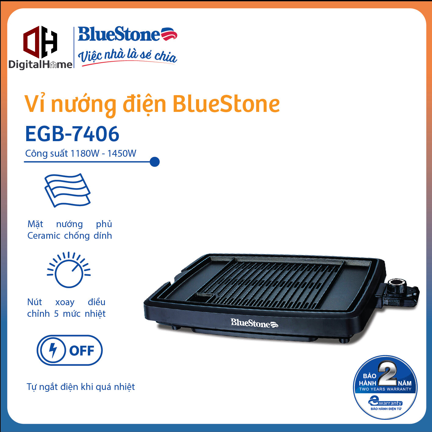 Vỉ nướng bluestone egb-7406 công suất 1450w, bảo hành chính hãng 2 năm
