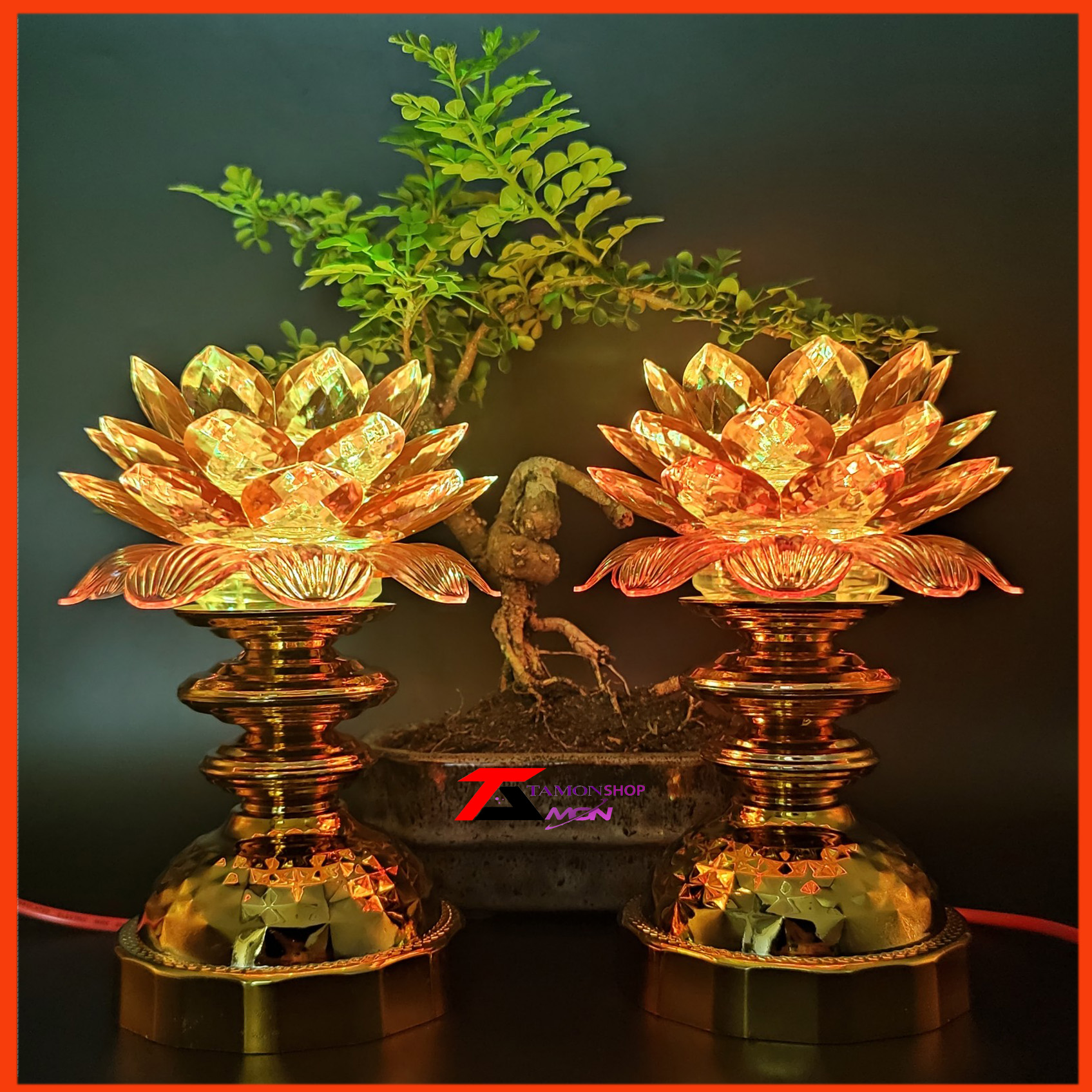 Cặp đèn hoa sen thờ cúng sáng nhiều màu, thờ cúng, thờ tượng quan âm, phật giáo