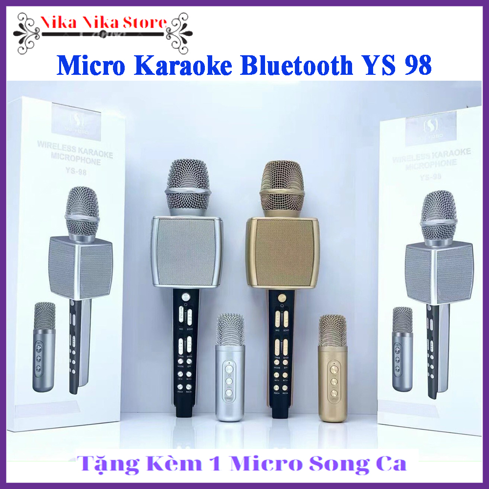 Micro Karaoke Bluetooth - Mic Hát Karaoke YS 98 Tặng kèm 1 Micro Phụ - Micro Kiêm Loa Karaoke YS98 - Chỉnh Echo Ngay Trên Mic - Tích Hợp Thay Đổi Giọng Nói – Hút Tiếng, Hát Siêu Hay, Chống Hú