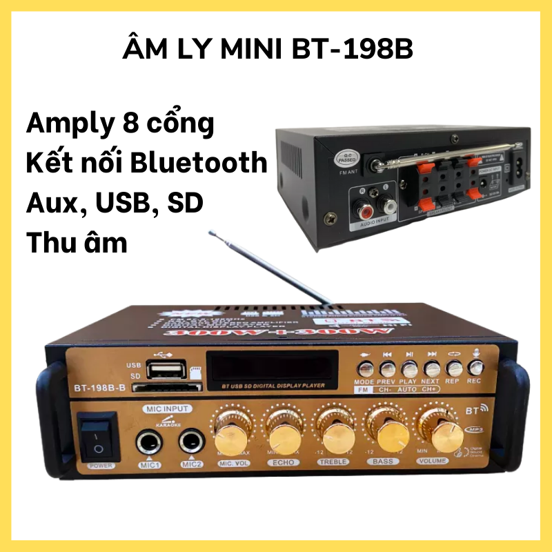amply,amply mini cũ,Amply Bluetooth thế hệ mới BT-198B, 8 cổng, Có kết nối SD, USB, AUX, ECHO. Bảo hành 1 đổi 1 bởi Min shop2000