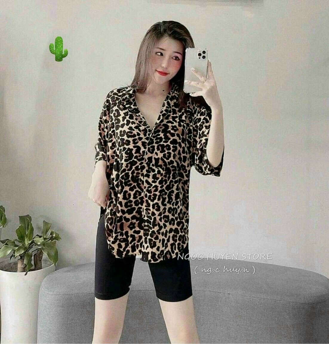 Áo kiểu - áo sơ mi da beo tay lỡ thời trang nữ cao cấp