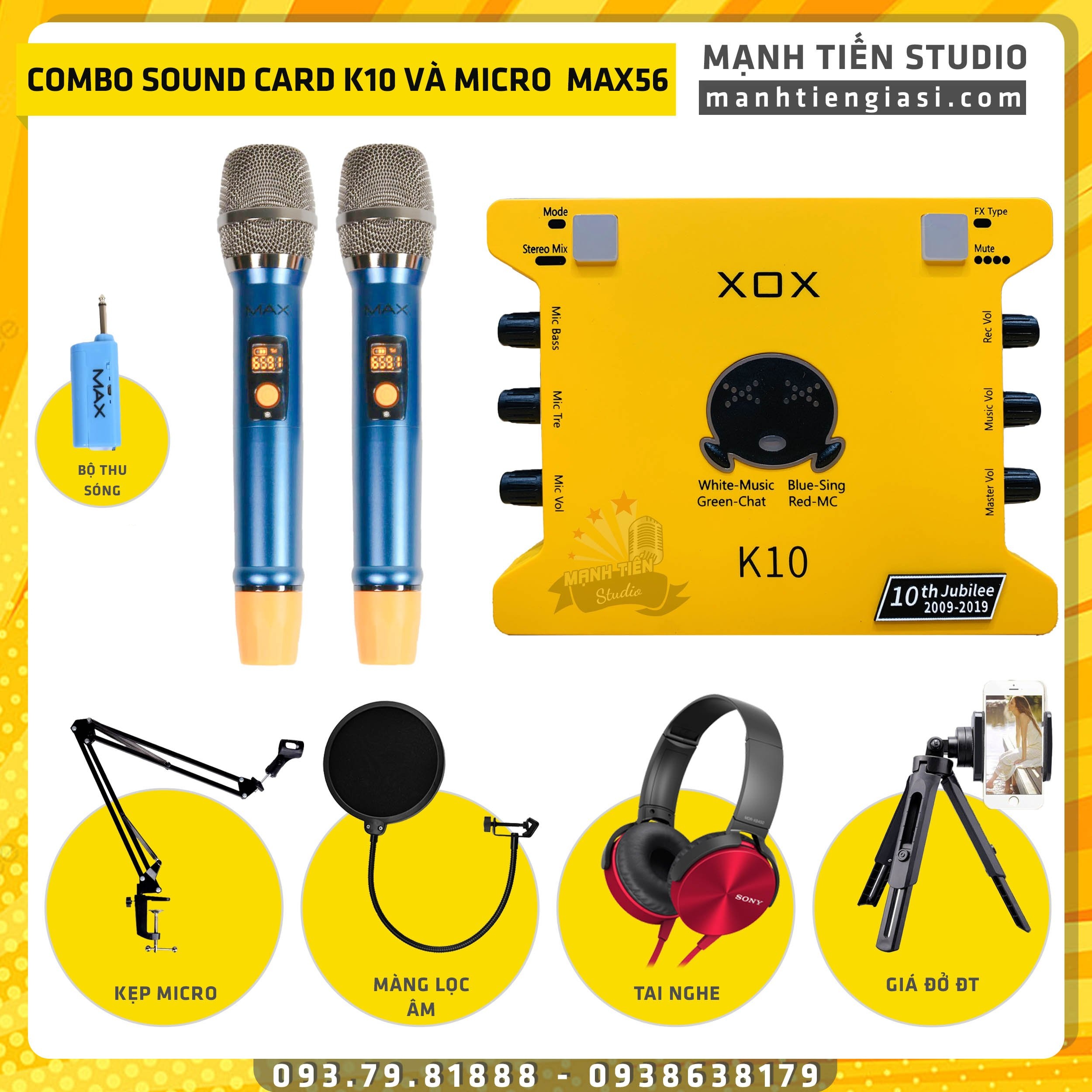 Bộ Combo livestream Micro Max 56 + Sound card XOX K10 jubilee - Karaoke online không dây, song ca cực dễ dàng - Kèm full phụ kiện kẹp micro, màng lọc, tai nghe chụp tai, giá đỡ đt - Thu âm, livestream chuyên nghiệp - MTMax