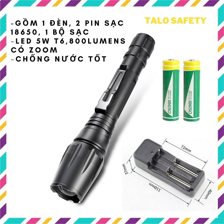Đèn pin cầm tay siêu sáng chip led T6, sử dụng 2 pin sạc 18650 có zoom chống nước