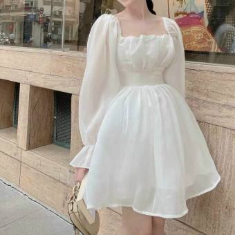 Váy đầm nữ chất voan màu trắng tay dài bồng dáng xòe hở lưng cột nơ xinh xắn