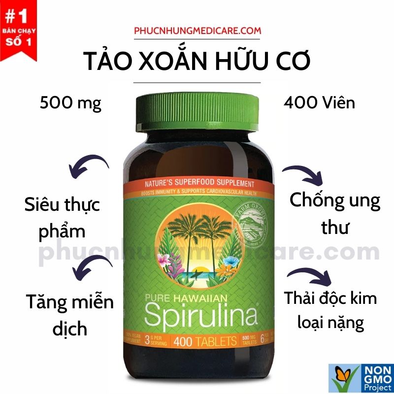 Tảo xoắn spirulina hawaiian chai 400 viên vị truyền thống dinh dưỡng tối ưu cho gia đình