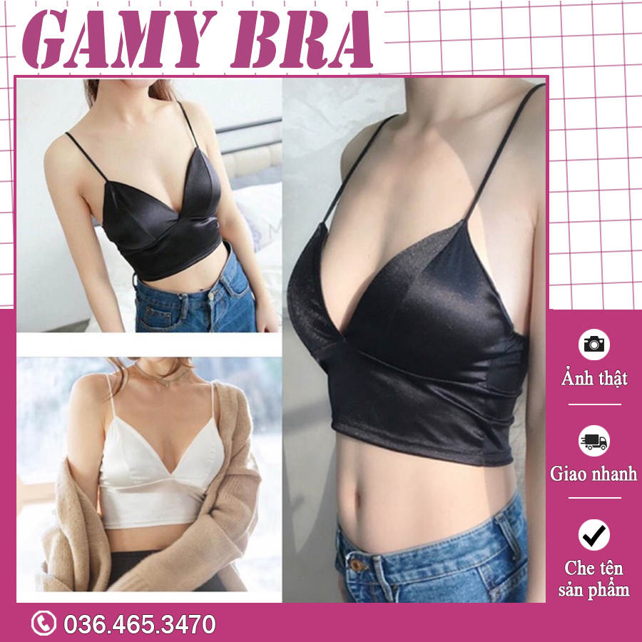 Bra satin phi bóng, áo 2 dây croptop khoét ngực siêu sexy