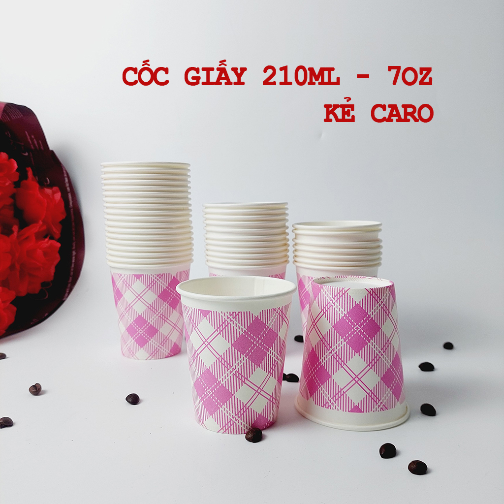 Combo 50 cốc giấy kẻ caro hồng 210ml - 7oz siêu đẹp