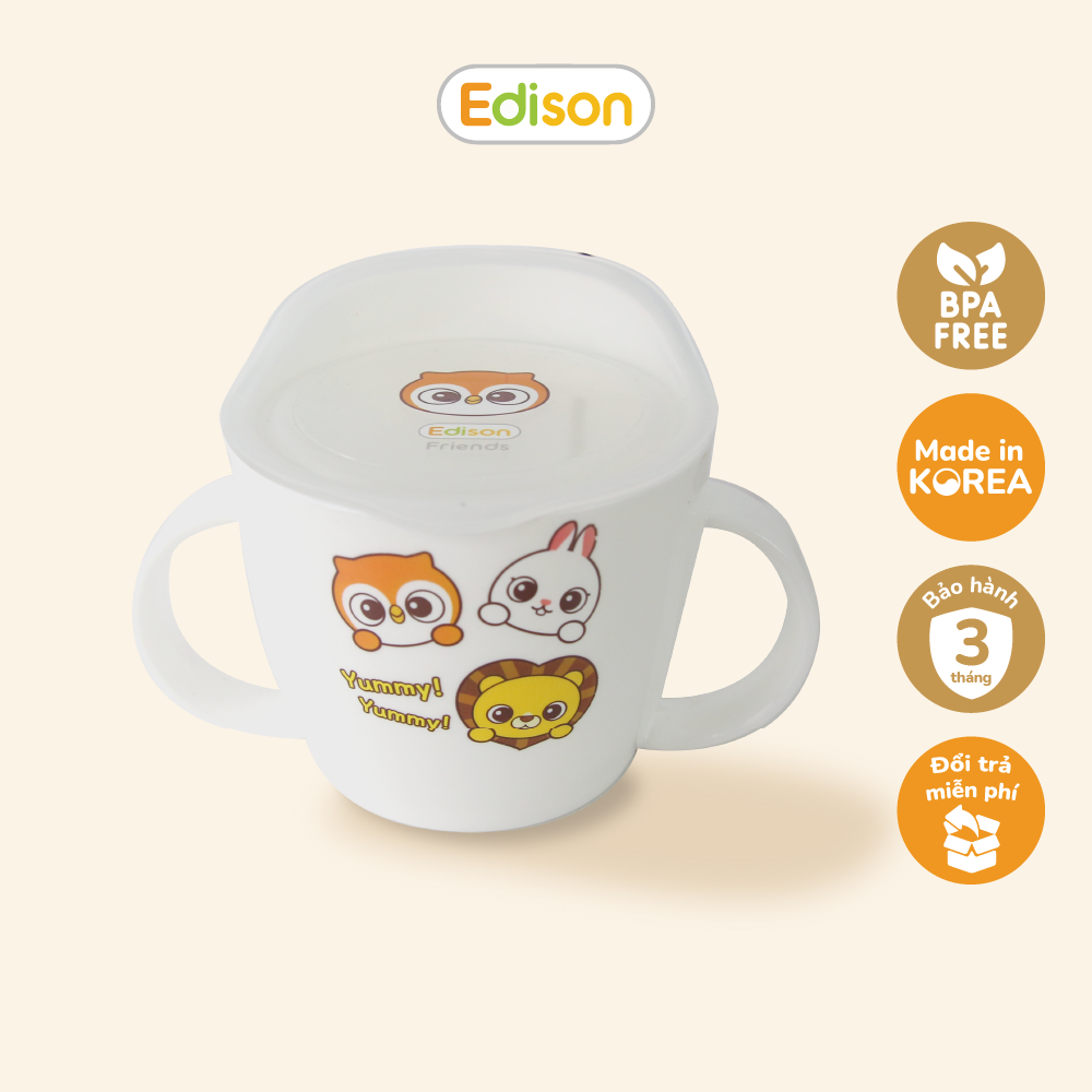 Cốc uống nước cho bé có nắp đậy Edison 6926 đồ dùng ăn dặm bằng nhựa an toàn sức khỏe hình Cú Mèo