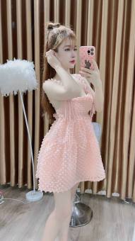 Đầm baby đũi xốp, Đầm tiểu thư baby 2 dây cột nơ lưng dễ thương xinh xắndx