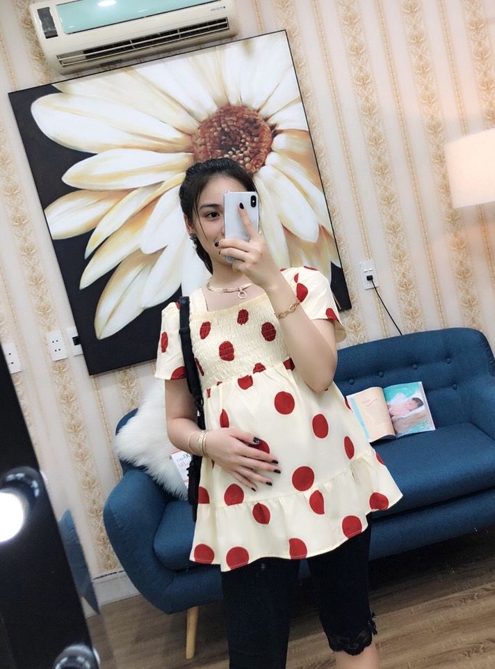 Áo bầu chấm bi lụa hàn siêu mềm mát