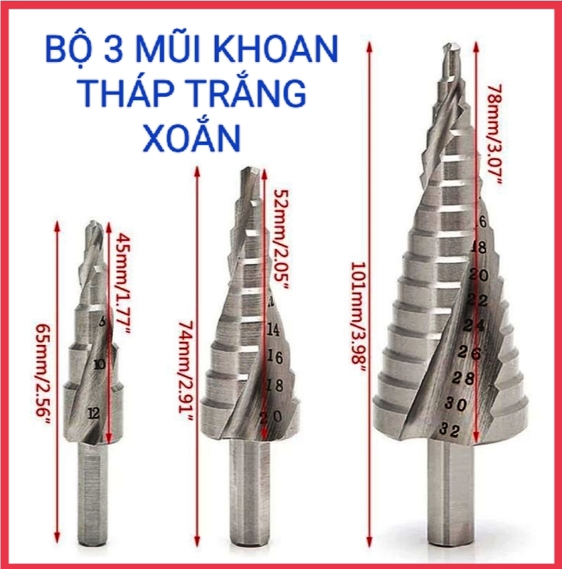 Bộ 3 mũi khoan tháp soắn hss, mũi khoan tháp 4-12, 4-20, 4-32 siêu cứng