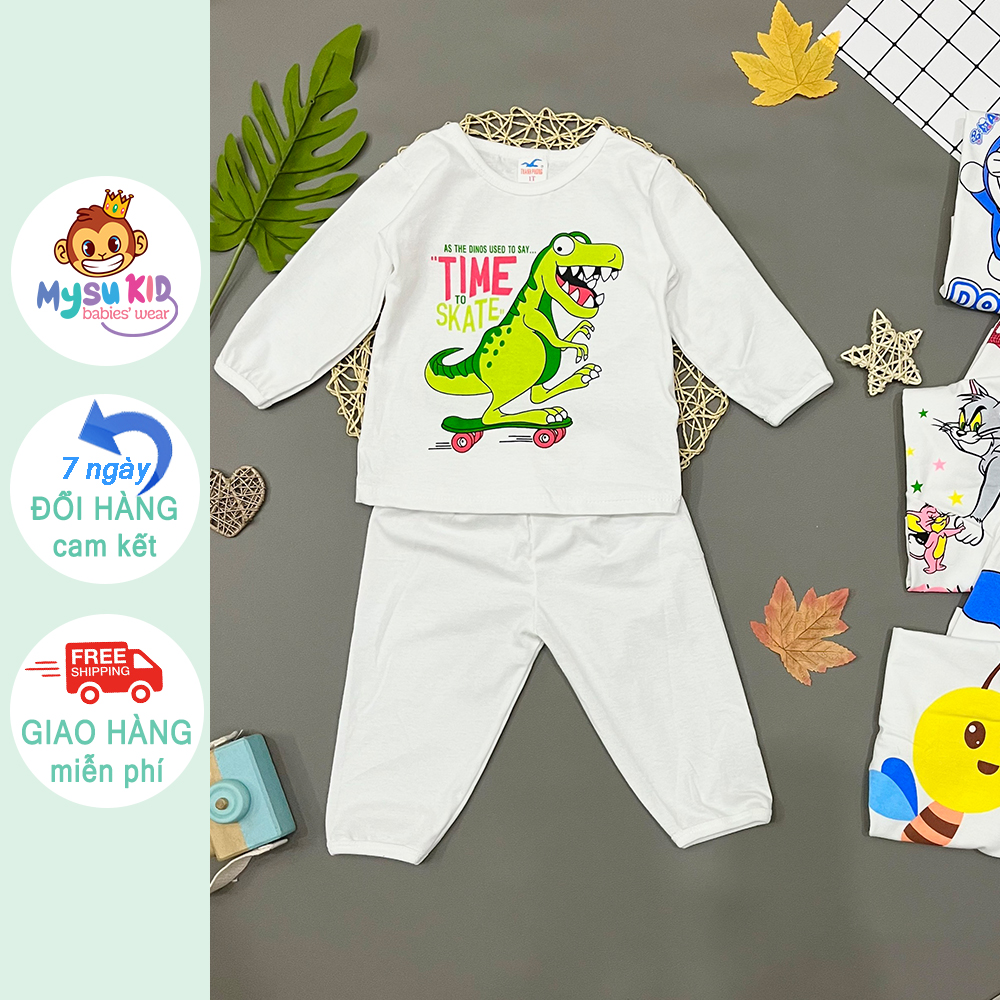 Đồ bộ dài tay cotton 100% Mysu kids - đồ ngủ bé trai,bé gái màu trắng từ 8kg đến 49kg