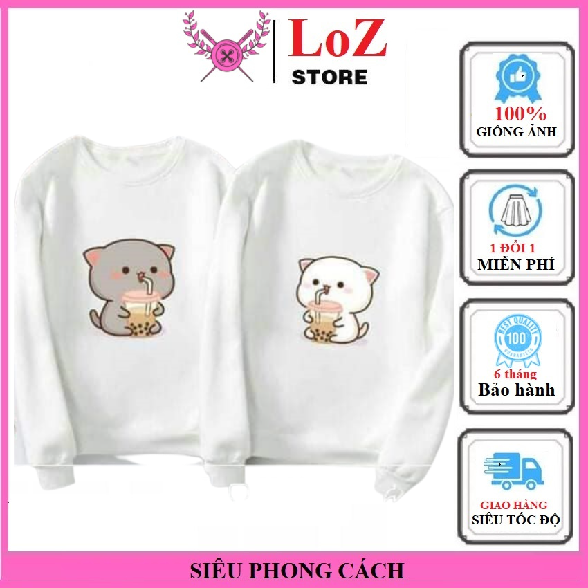 COMBO 2 ÁO - Áo đôi nỉ tay dài  in mèo uống trà sữa