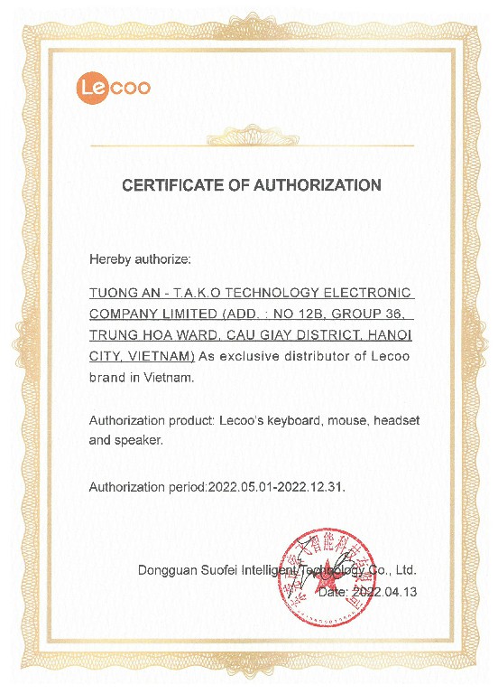 Giấy chứng nhận phân phối độc quyền Lecoo tại Việt Nam