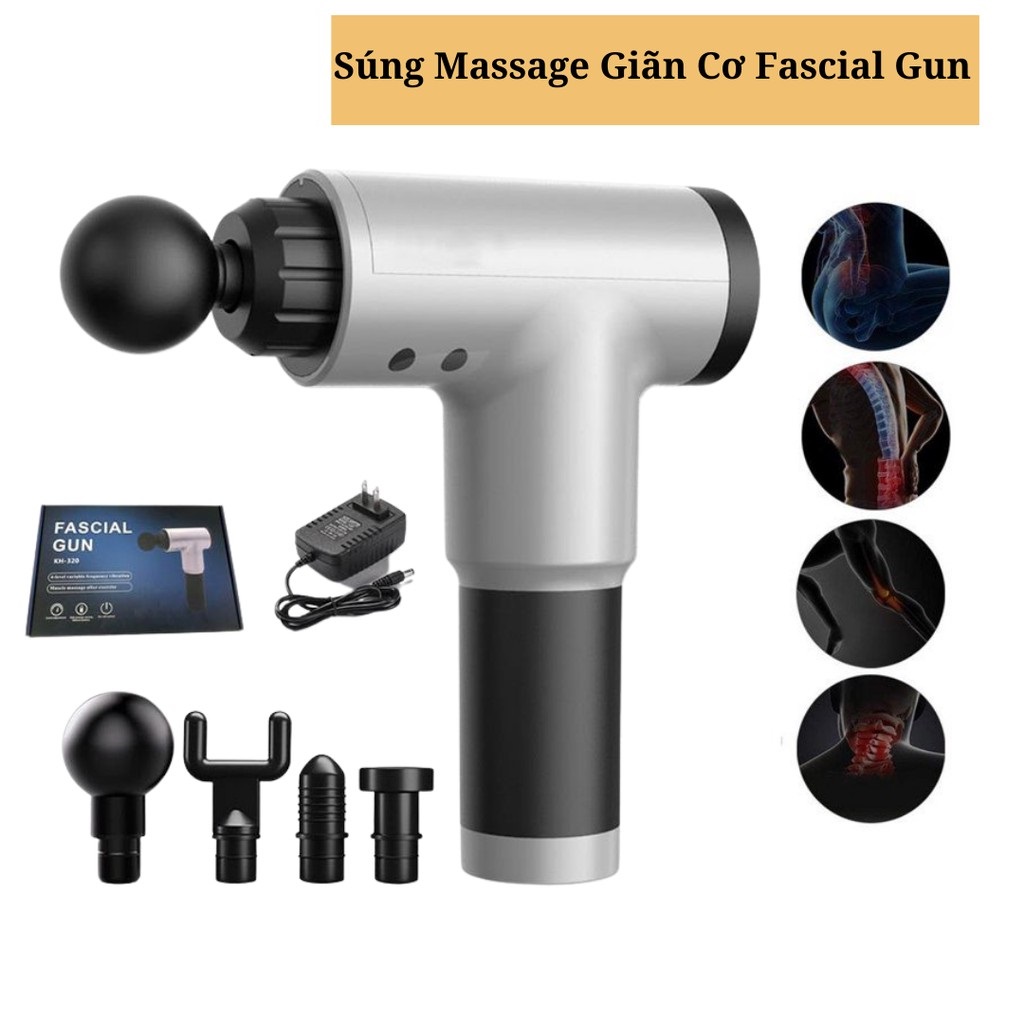 Súng massage cầm tay giải cơ phục hồi cơ bắp toàn thân - súng massage giãn cơ fascial gun, máy massage cầm tay 4 đầu 6 chế độ hiệu quả giảm cứng cơ và đau nhức, tăng lưu thông máu, sale -50%
