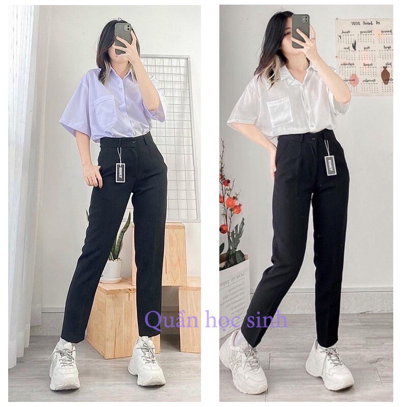 [FreeshipMAX] Quần tây baggy đi học nữ cạp lưng cao có đai nịt màu Đen Xanh dáng quần vải học sinh nữ dày ống baggy đáy cao đi học đẹp