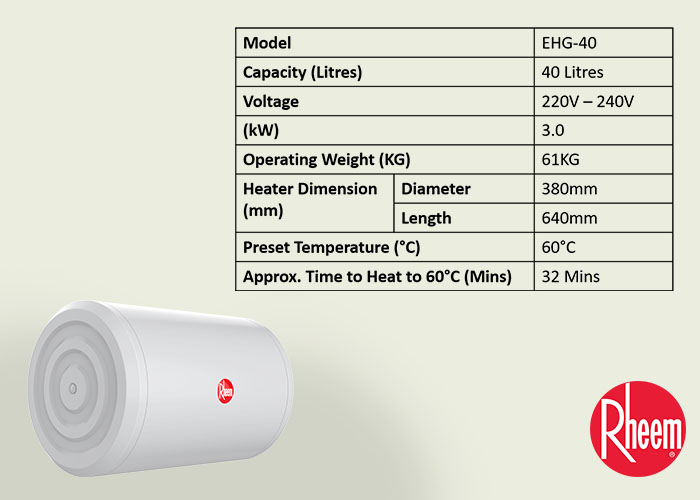 Rheem EHG 40 EHG-40 Storage Heater 40L Singapore Warranty Free Express  delivery Low Price | Lazada Singapore